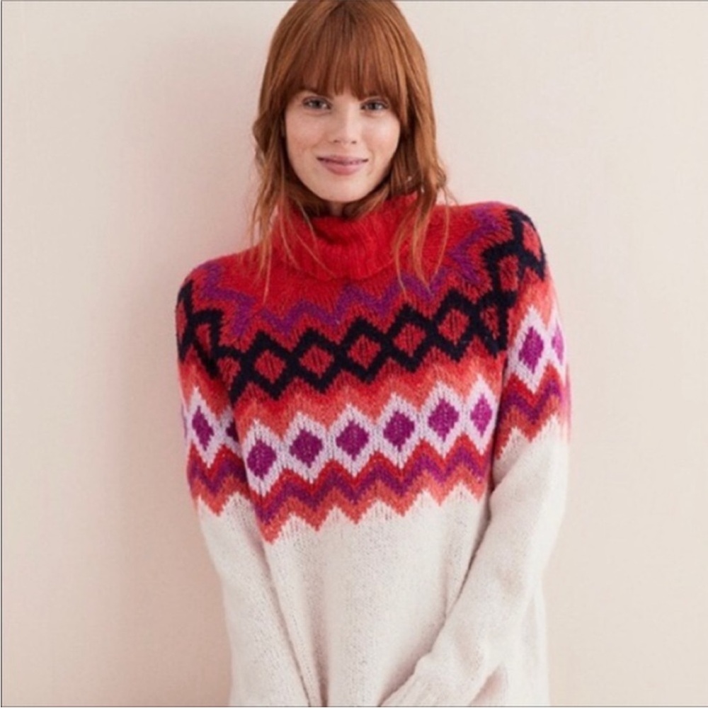 AERIE Wool Laine Blend Fair Isle Oversized Turtleneck Long Sleeve Sweater XS